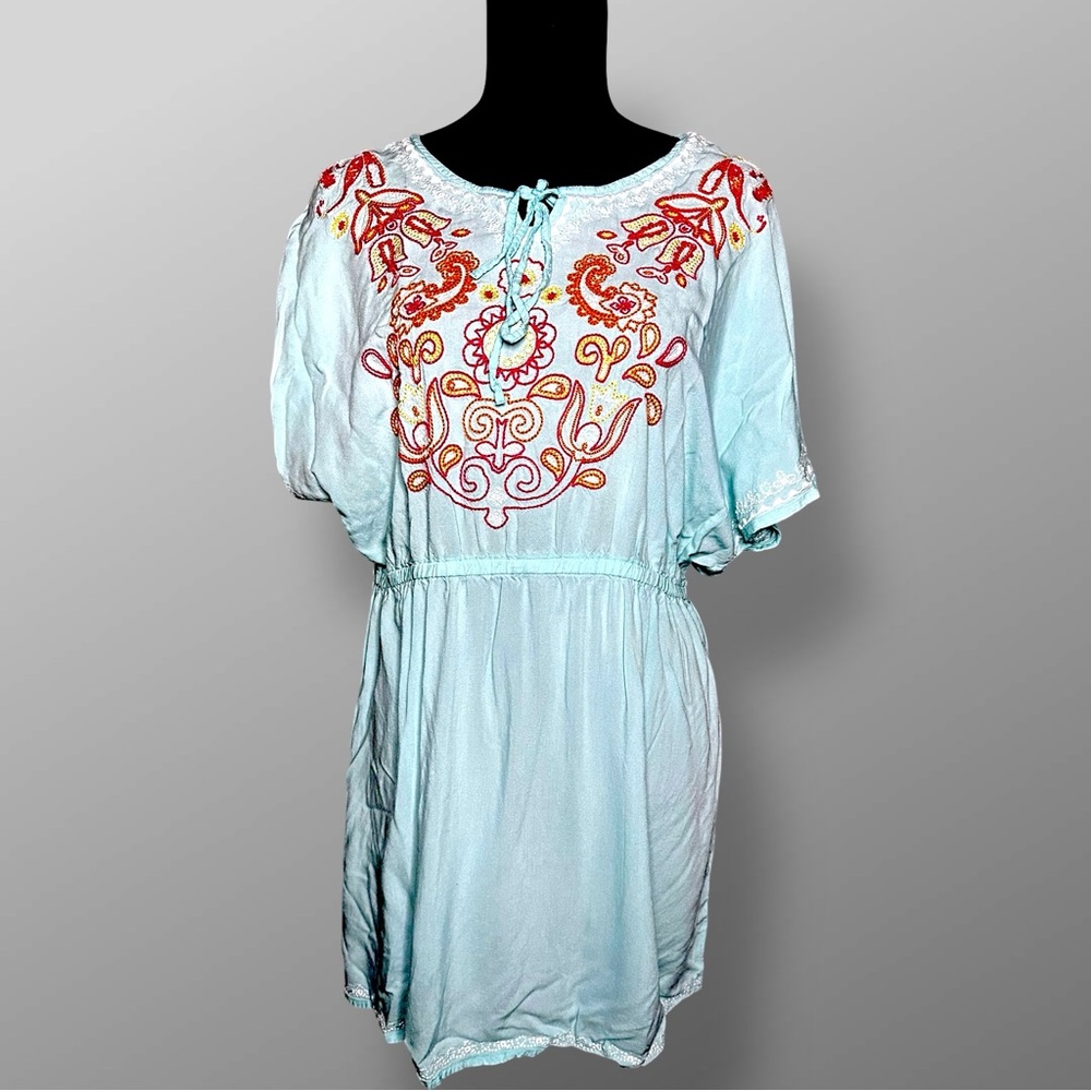 Ariat Boho Western Embroidered Mini Dress Teal Tassel Neck Women’s M Western